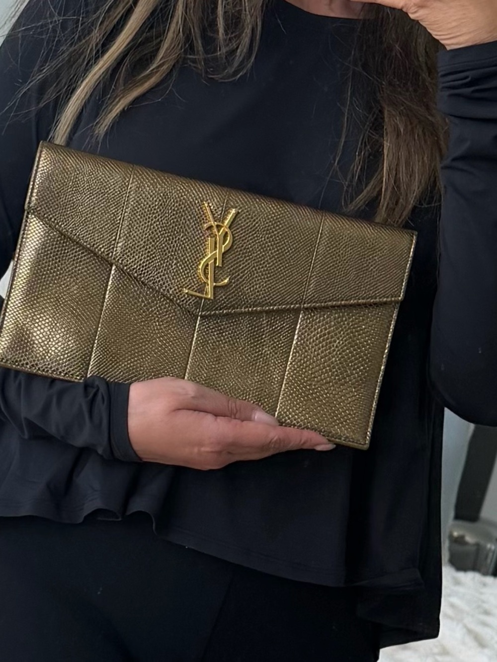 Saint Laurent Metallic Gold Leather snakeskin Envelope Clutch
